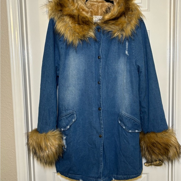 Denim Faux Fur Trimmed Jacket Size XXL - Picture 1 of 5
